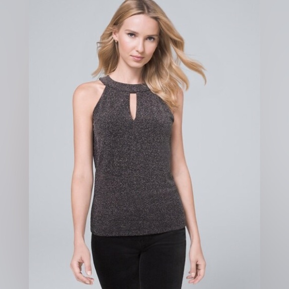 Key Hole Metallic Halter Top | Size XXS | Color Black with Silver | WHBM